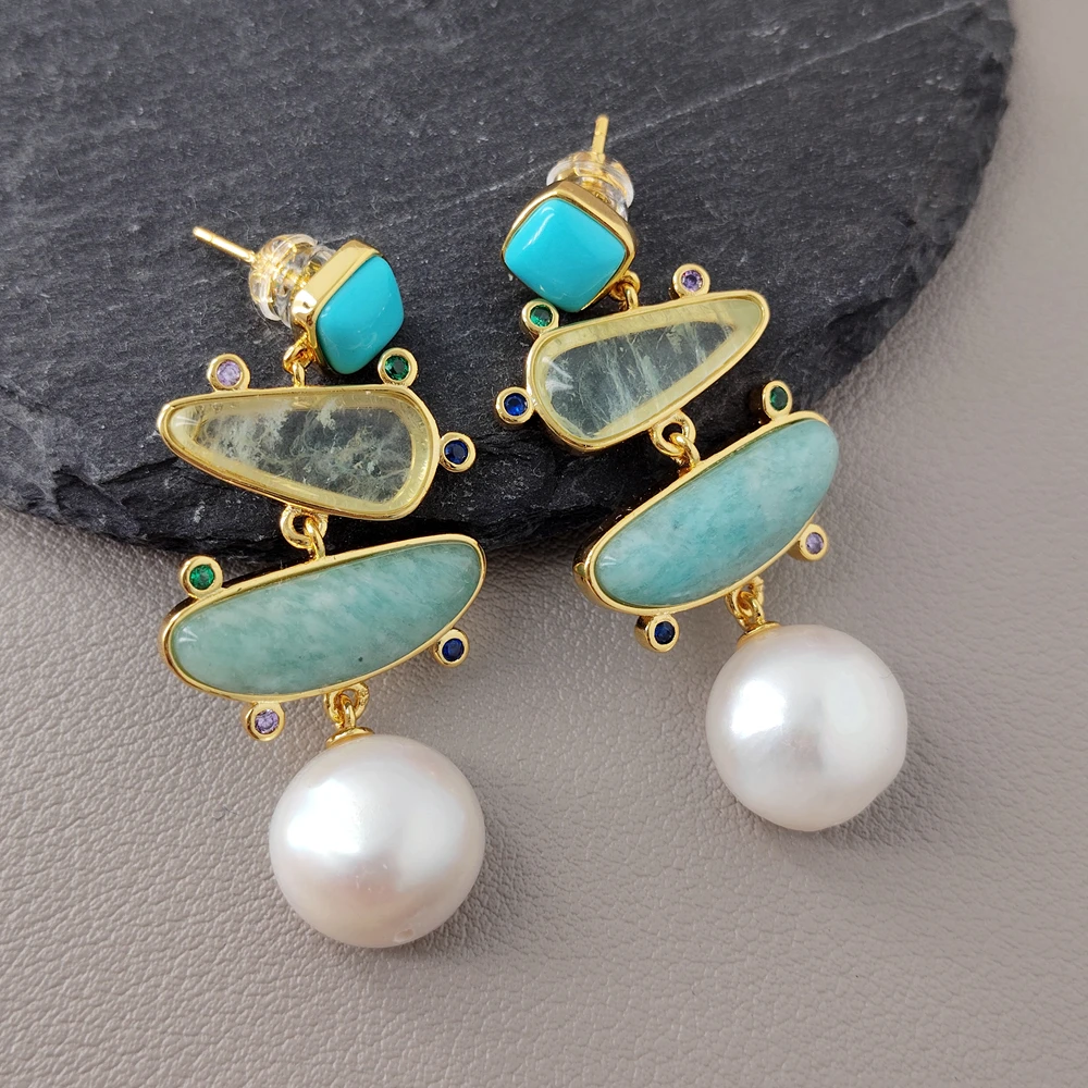 

Cultured White Pearl Blue Turquoise Green prehnite Dangle Stud Earrings
