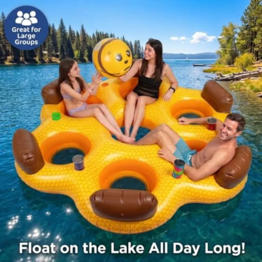 Lake pool float lounger for 6 people, heavy-duty honeycomb PVC, blue, 1000lb capacity, 4x thicker with mesh seating, backrests,