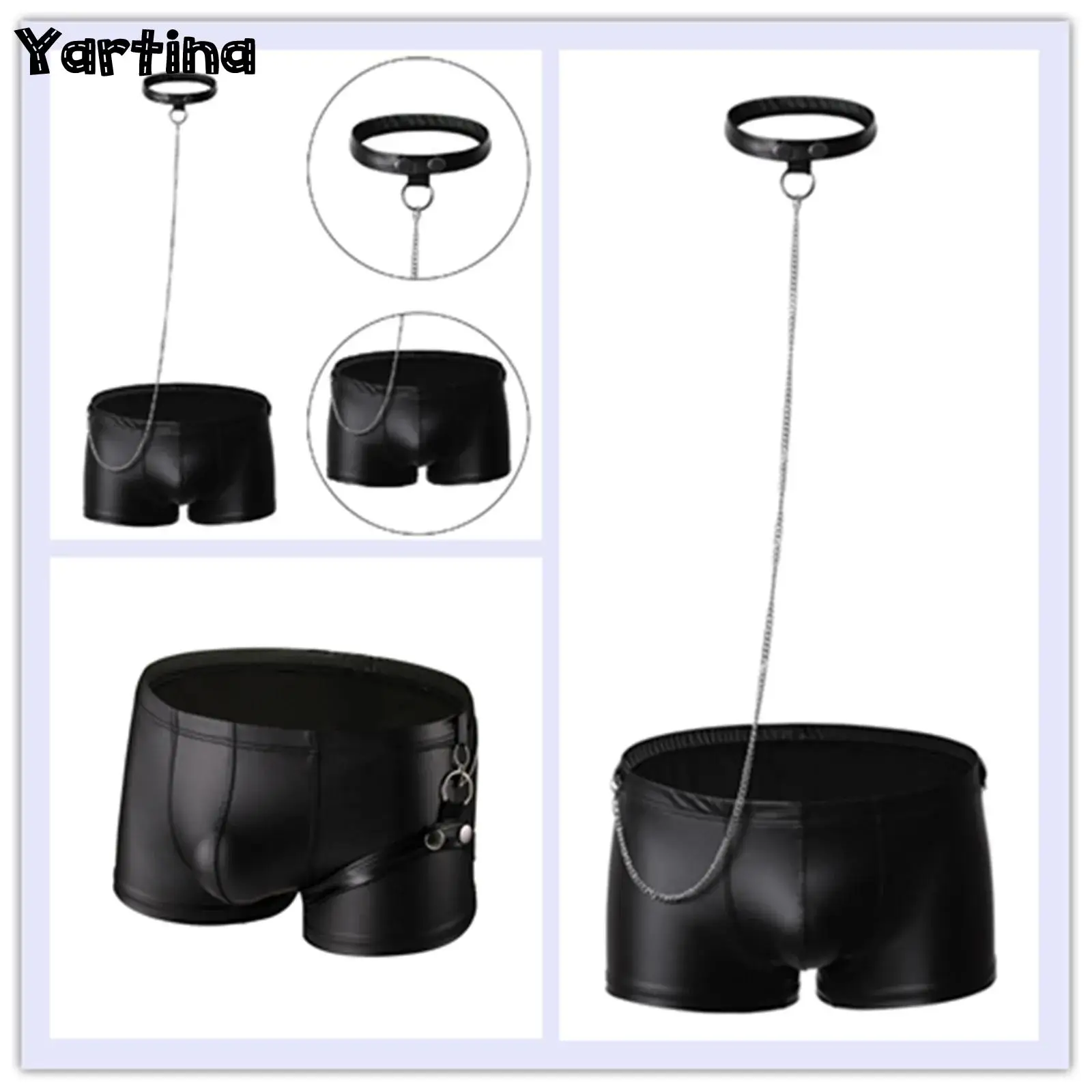 

Sexy Mens Leather Boxer Shorts with Chain Linked Choker Elastic Waist Bulge Pouch Boxer Underwear Lingerie Underpants Clubwear