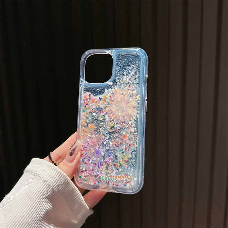 Bling Quicksand Fireworks Castle Case Cover for iPhone 15 14 16 Pro Max Soft Transparent Dynamic Sand Liquid Phone Shell Fundas