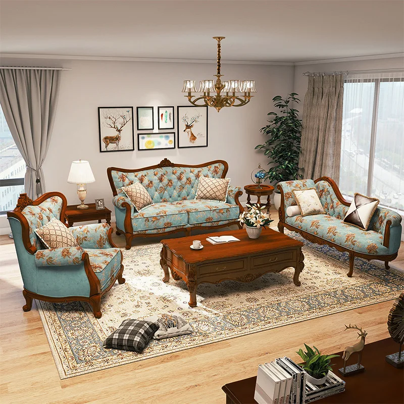 

European living room fabric set American solid wood pastoral double three-person leather small apartment simple furniture