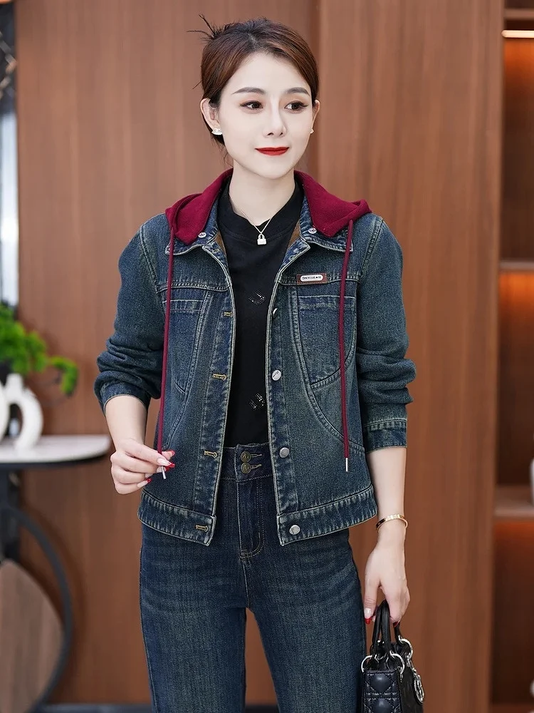

Fall Winter New Sle Fce Lined Thiened Windproof Warm Hooded Waed Soft Casual Slimming Versatile Denim Jaet