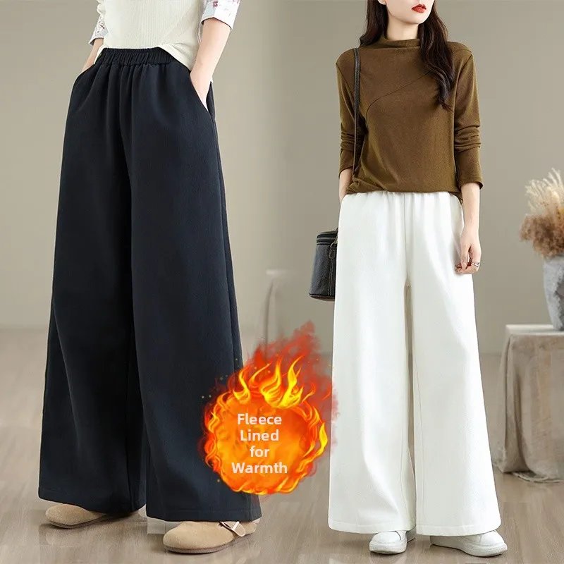 Thickened Fleece Wide Leg Pants Women's Loose Casual Cotton Linen Autumn Winter Warm Retro Style Pocket High Waist Trousers
