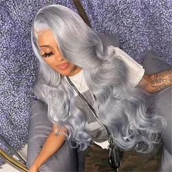 180 Density Silver Grey Colored Lace Wig Body Wave 13x6 Lace Frontal Wigs for Women Human Hair Colored Brazilian Wigs 34 36 Inch