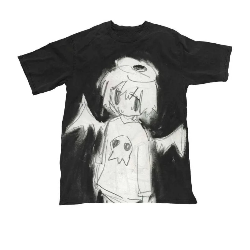 

Japanese Harajuku Cartoon Dark Angel Print Tshirts Women Kawaii Aesthetic Black Tees Grunge Casual Y2k Loose E-girl T-Shirt Tops