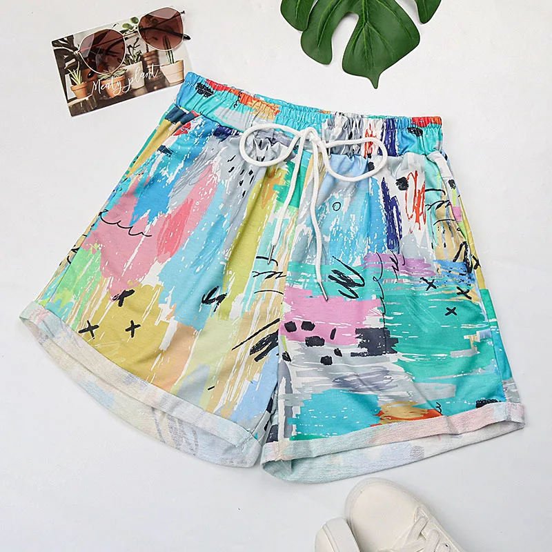 

Casual Vacation Tie-dye Printed Shorts Women Temperament Elegant Mid-waist Straight Beach Pants Summer Clothes Women 2024