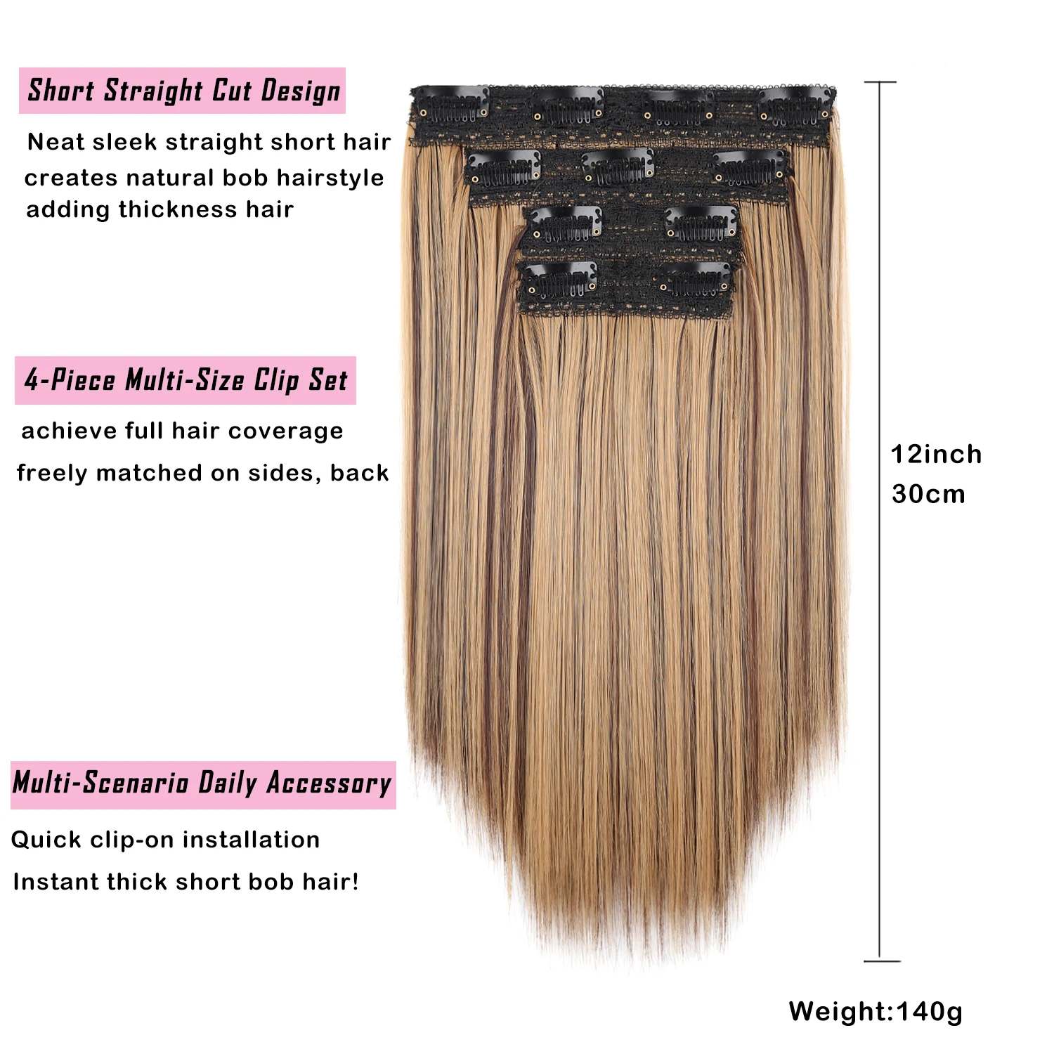 Jeedou 4Pcs Short Straight Clip In Hair Extensions 12 Inch Synthetic Highlight Hair Piece Set