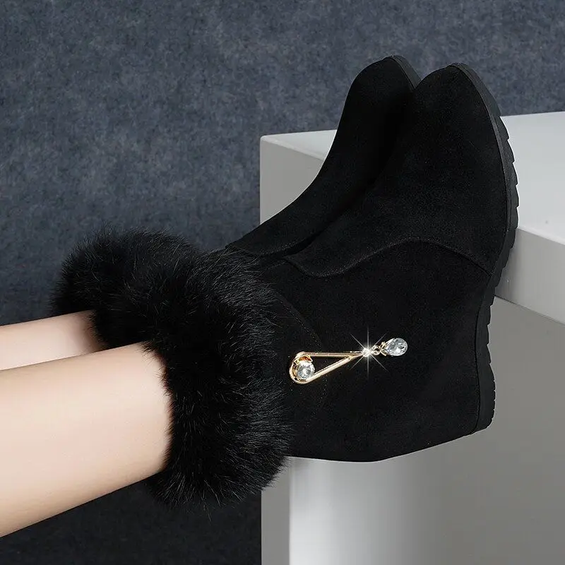 [Real Rabbit Fur] Wedges Boots for Women Autumn and Winter New Fur Boots with High Cotton All-match Warm Black Boots