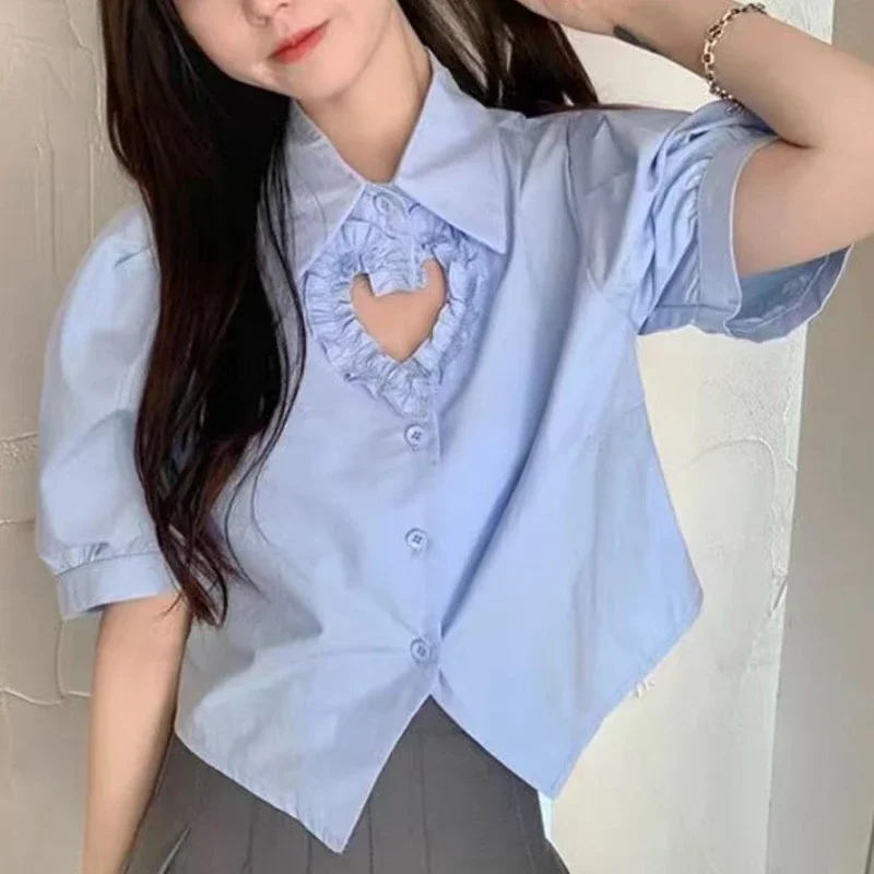 Shirts Women Heart Hollow Out Puff Sleeve Tops Preppy Style Solid Fashion Summer Students Kawaii Lapel Leisure All-match Chic