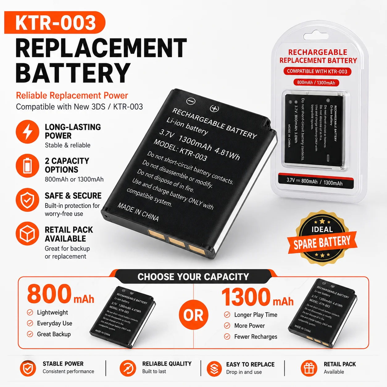 KTR-003 Rechargeable Lithium Battery Pack 800/1300/1400mAh 3.7V Replacement Battery with Screwdriver Tool Kit for Nintendo New