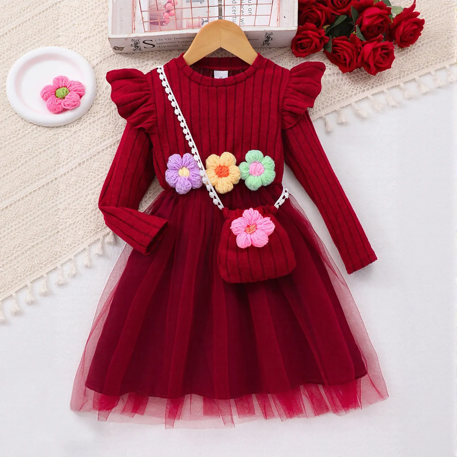 

Toddler Girl 3d Floral Dresses 2025 Baby Sweater Dress Mesh Ruffle Ribbed Knit Long Sleeve Outfits For Girls Party Clothes