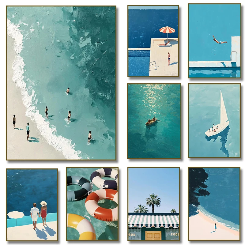 Póster minimalista para el día de la playa, personas pequeñas, piscina, océano, vela, lienzo, pintura impresa, imagen artística de pared para decoración del hogar y habitación