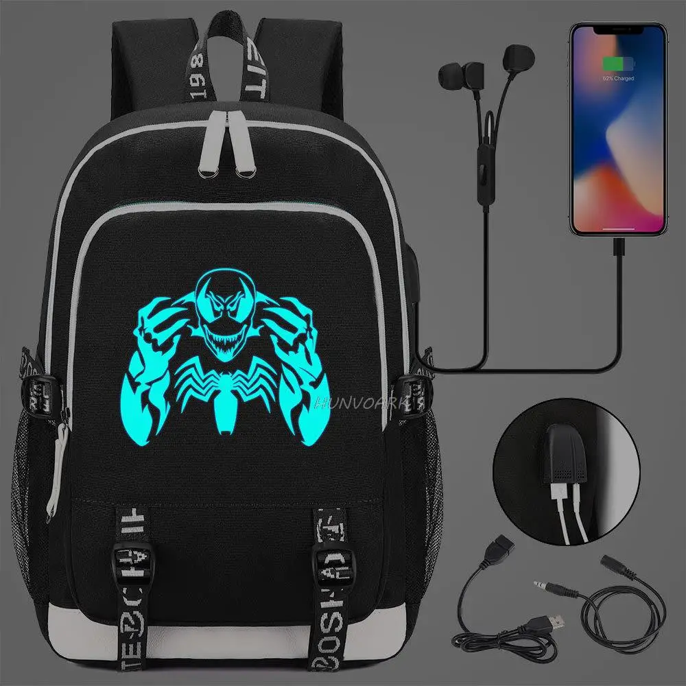 Mochila con patrón luminoso Venom, bolso escolar para ordenador portátil con Usb a la moda para niñas, niños y adolescentes, Mochilas geniales informales