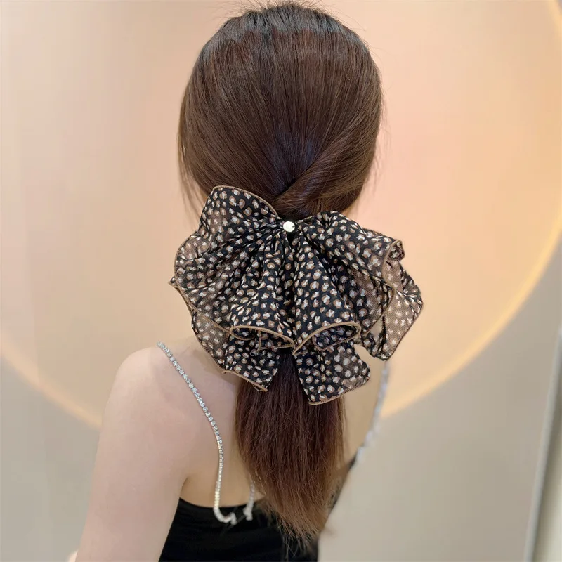 

2PCS New Small Leopard Print Large Bow Chiffon Spring Clip Vintage Metal Free Fabric Hair Accessories Korean Style Mesh Gripper