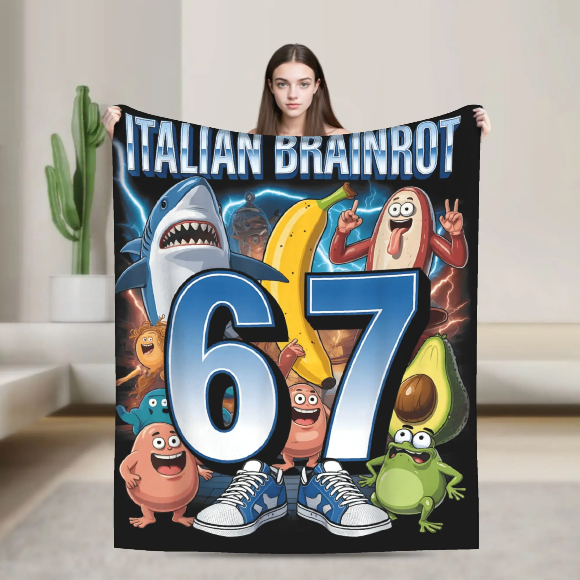 

67 Six Seven 6-7 Funny Italian Brainrot Print Blanket Soft Plush Warm Home Decor Throw For Sofa Bed Men Women Various Sizes