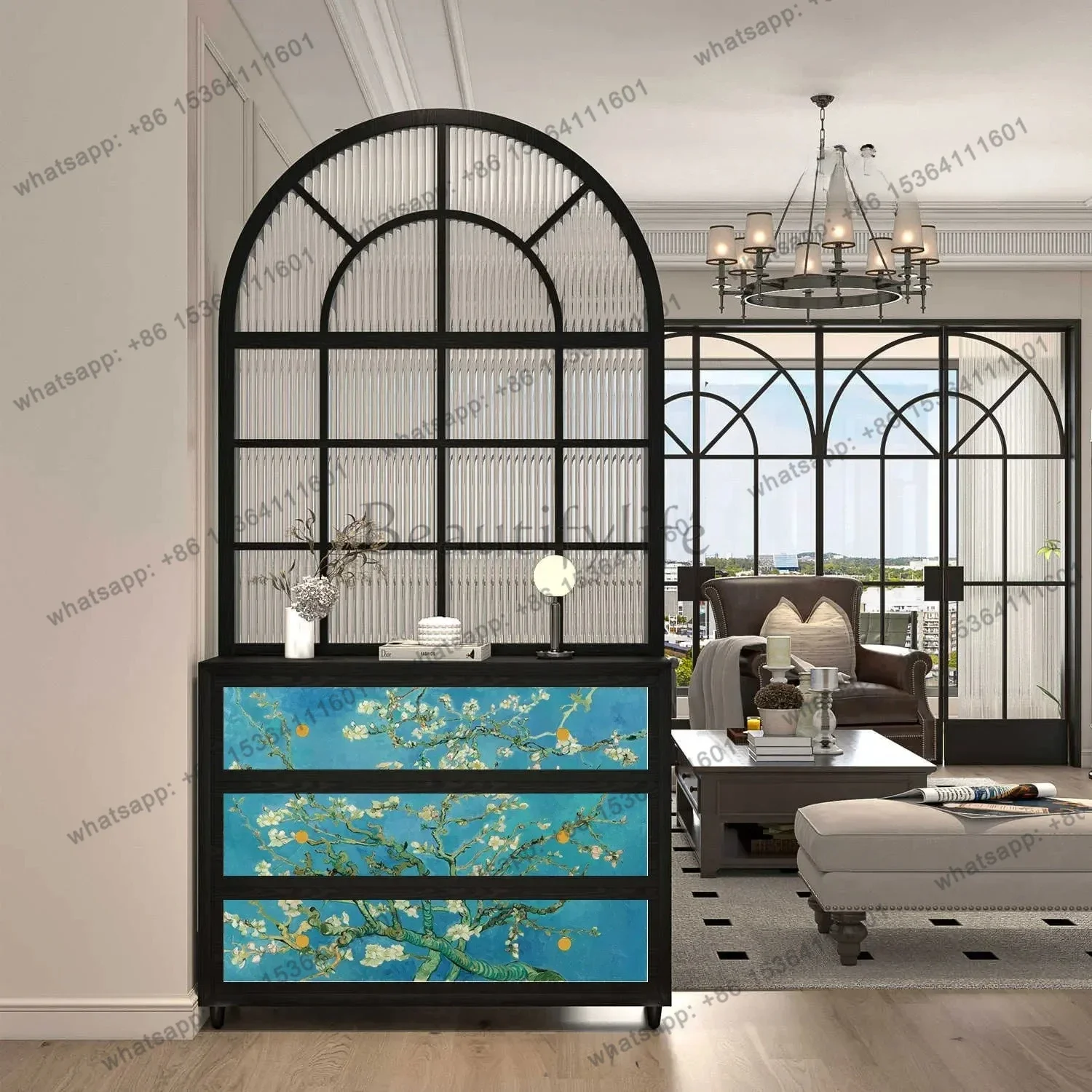 LD French retro abstract entrance cabinet Solid wood entry door Screen glass partition Living room locker
