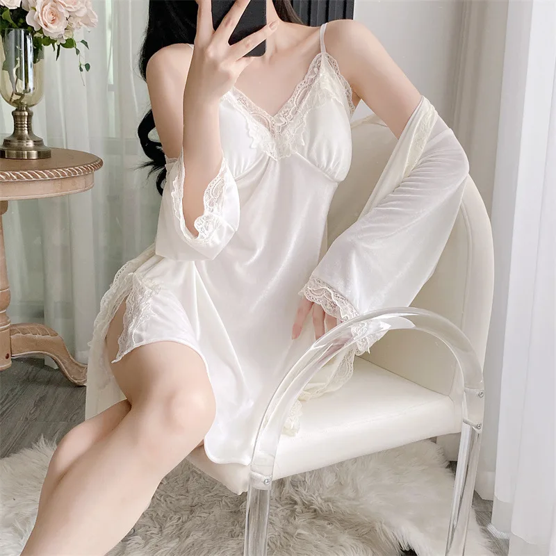 2024 Autumn New Nightdress Sexy Split Spaghetti Strap Velvet 2Pcs Robe Velour Kimono Bathrobe Set Lady Elegant Wedding Dress