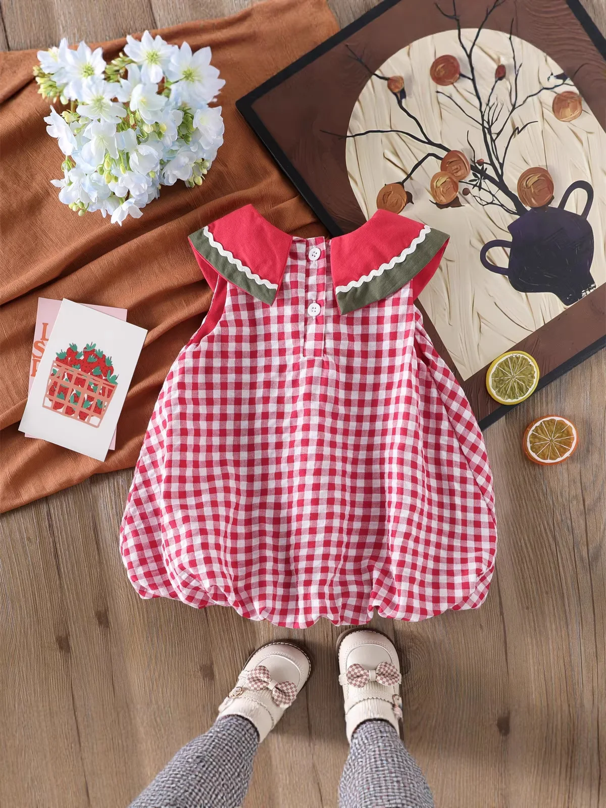 2026 Summer 12M-5Y Childrens Clothes Watermelon Shaped Collar and Pockets Girls Dress Checkered Bud Skirt for Girls