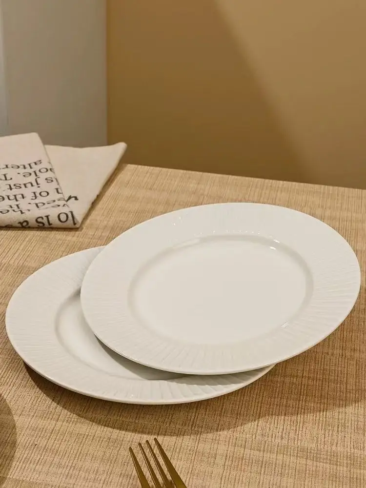 

White Ribbed Edge Ceramic Plate - Classic Radial Pattern Dinner Plate for Home Kitchen Food Serving Tableware