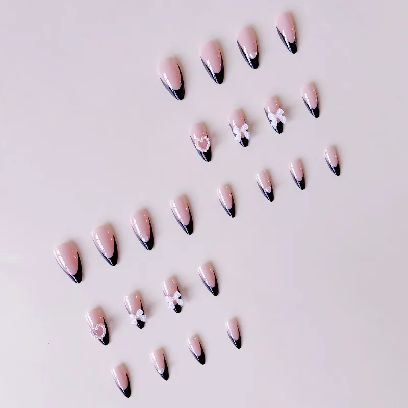 24 قطعة خريف شتاء الراقية الأظافر كاذبة الأسود الفرنسية القوس الحب عارية الوردي الأظافر وهمية القابلة للإزالة قطرة الماء شكل اضغط على الأظافر net jep #3