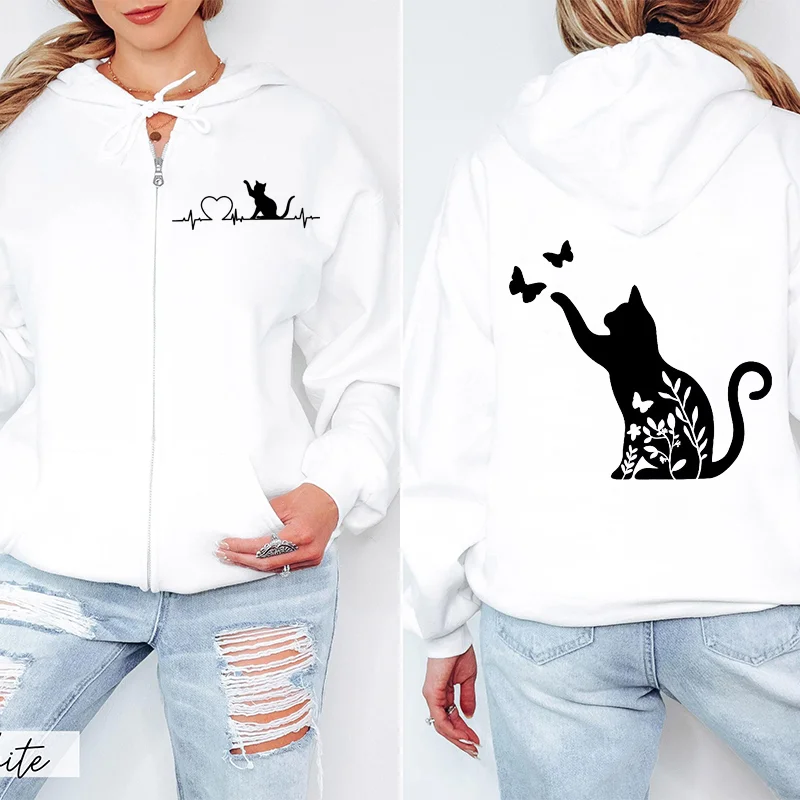 Black Cat Print Women's Fleece Hoodies Zipper Sportwear Sweatshirts Cat Heartbeat Kawaii Zip Up Women Hoodies Hip Hop Streetwear