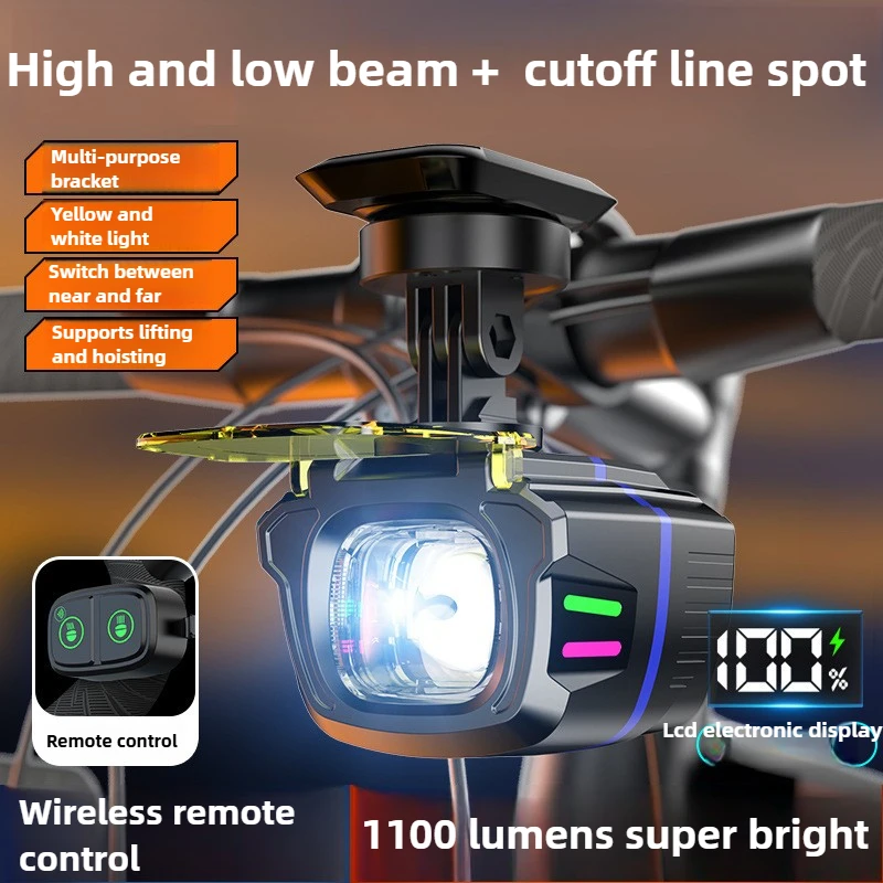 

1100 Lumens 4000mAh Ultra-Bright Wireless Remote Bike Headlight - Cycling Accessory USB charging Electric quantity display
