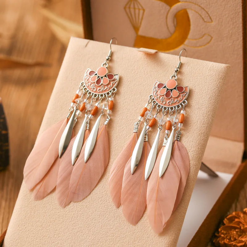 Neue Tropfen Öl Fanförmige Feder Ohrringe für Frauen Mode Böhmischen Lange Silber Farbe Metall Reis Perle Baumeln Ohrring Schmuck – Detail 6