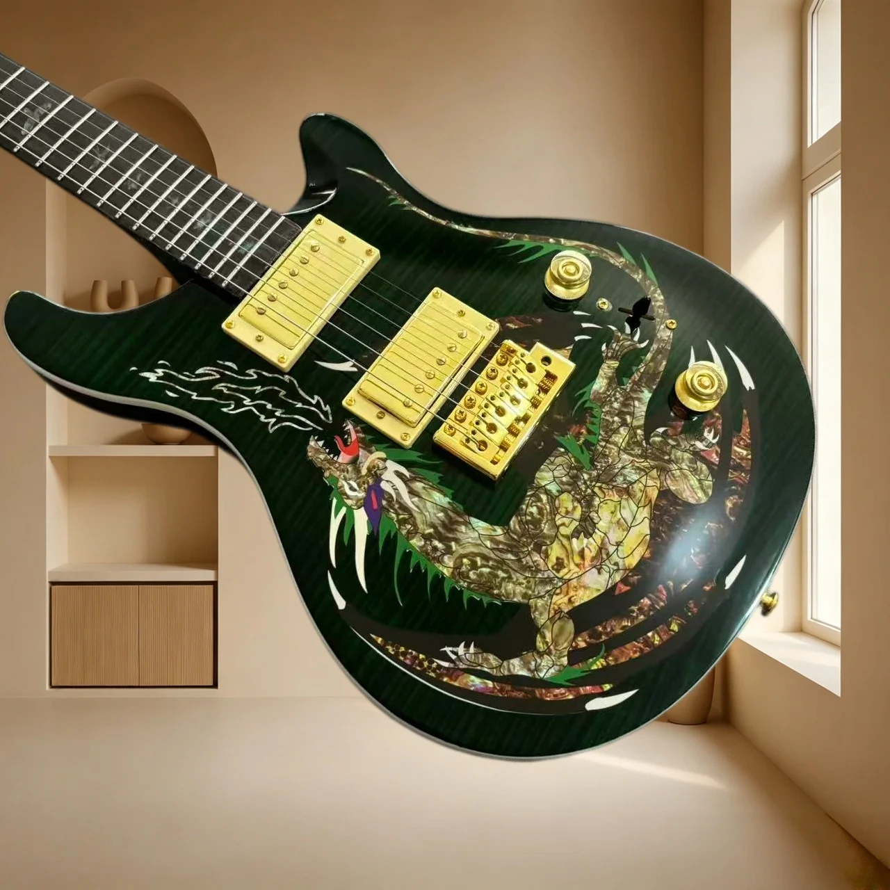 Dark Green Dragon Inlay PRS Style Electric Guitar Mahogany Body Gold Hardware Tremolo System Collectible Guitar Free Shipping