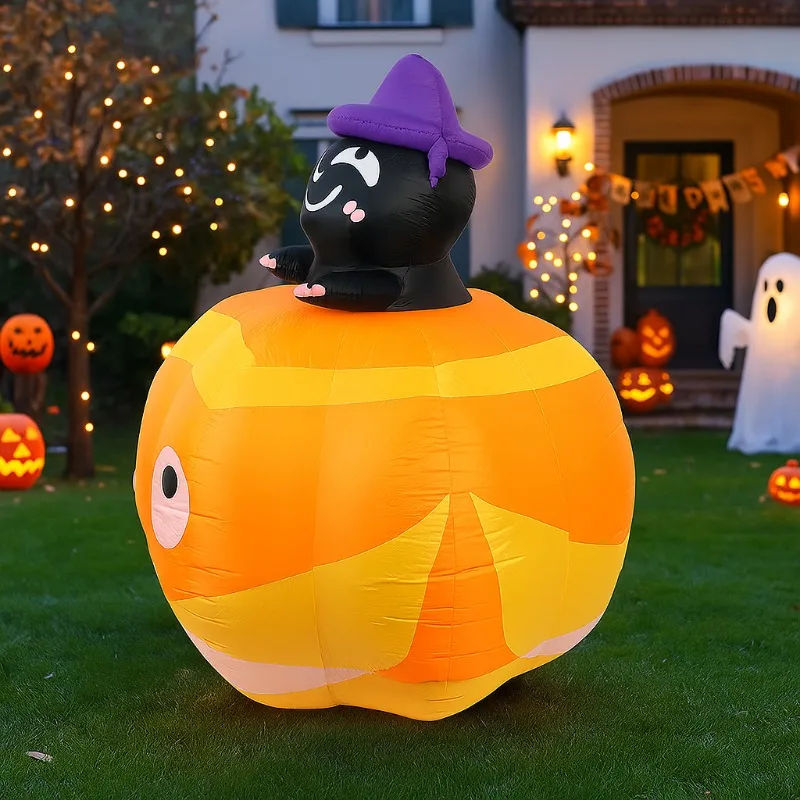 6FT インフレータブルおもちゃ黒猫カボチャに座るハロウィン装飾屋外庭庭家の装飾光るおもちゃインフレータブルモデル