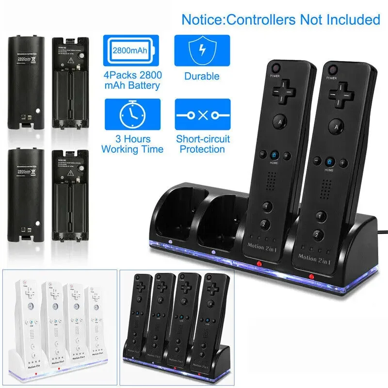 

4PCS 2800mAh Rechargeable Battery + Quad 4 Charger Dock Station Kit for Nintendo Wii Gamepad Battery for Wii Remote Controller