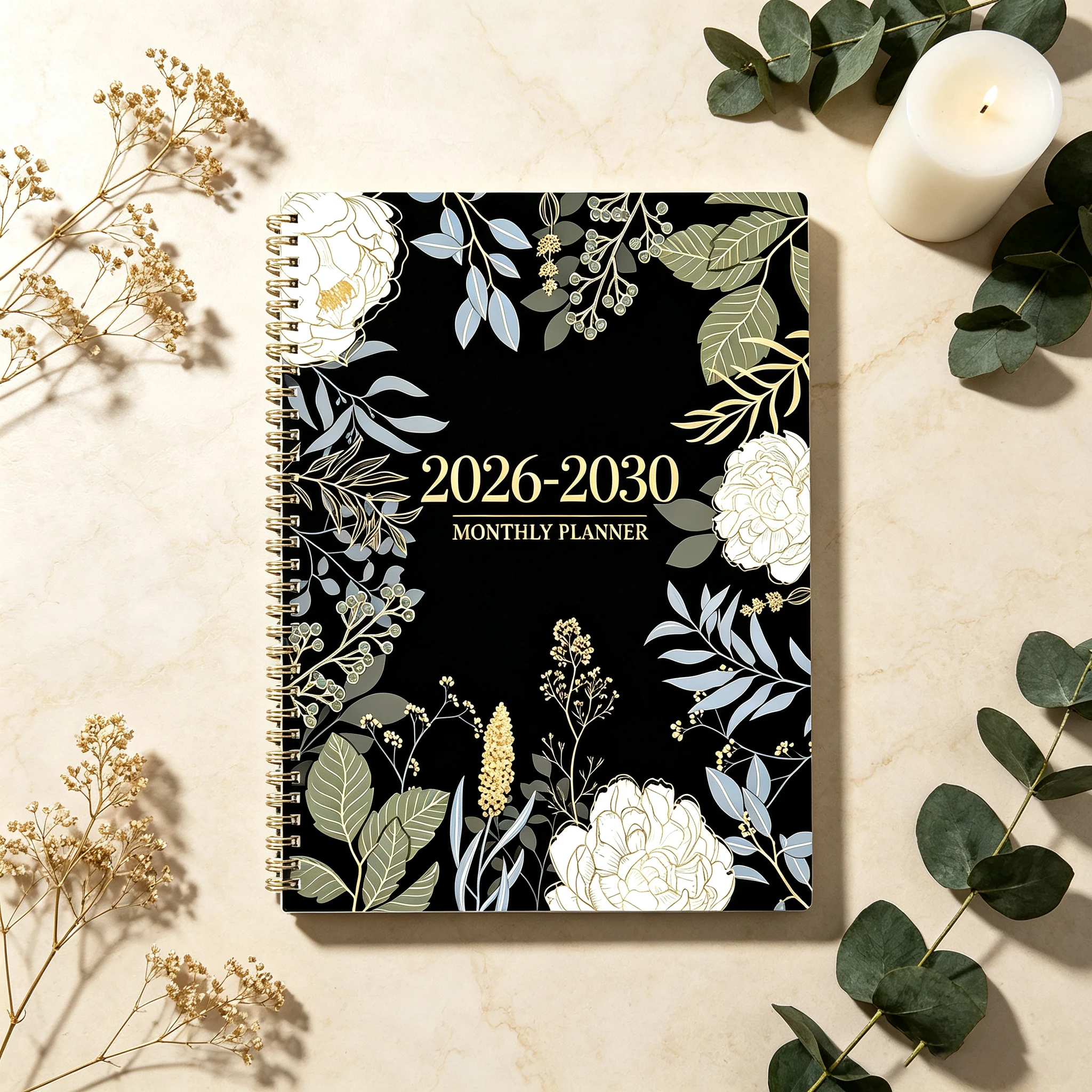 2026-2030 Black Gold Floral 5 Year Planner Spiral Notebook, Study & Budget Tracker for Students Office Women Gift