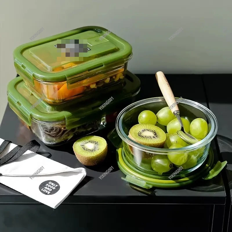 

400 ℃ Термостойкий герметичный стеклянный ланч-бокс - прямоугольный круглый бенто, безопасный в микроволновой печи для фруктовых закусок