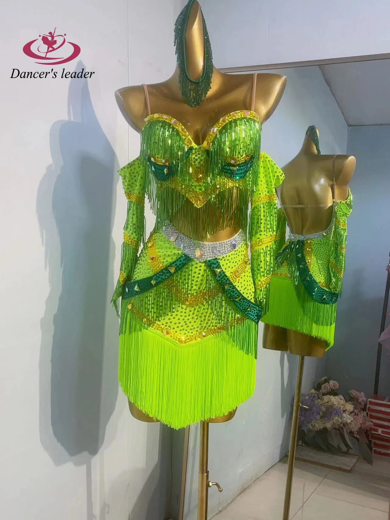 زي الرقص اللاتيني، ملابس نسائية من حجر الراين، ربط مخصص راقي، حمالة خضراء، فستان أداء السامبا