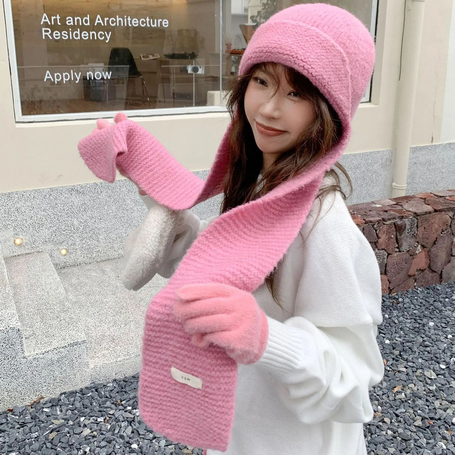 

Корейский шерстяной шарф, интегрированная шапка, комплект женской зимней теплой вязаной однотонной уличной ветрозащитной шапки, шерстяная шапка-бини, теплый капот