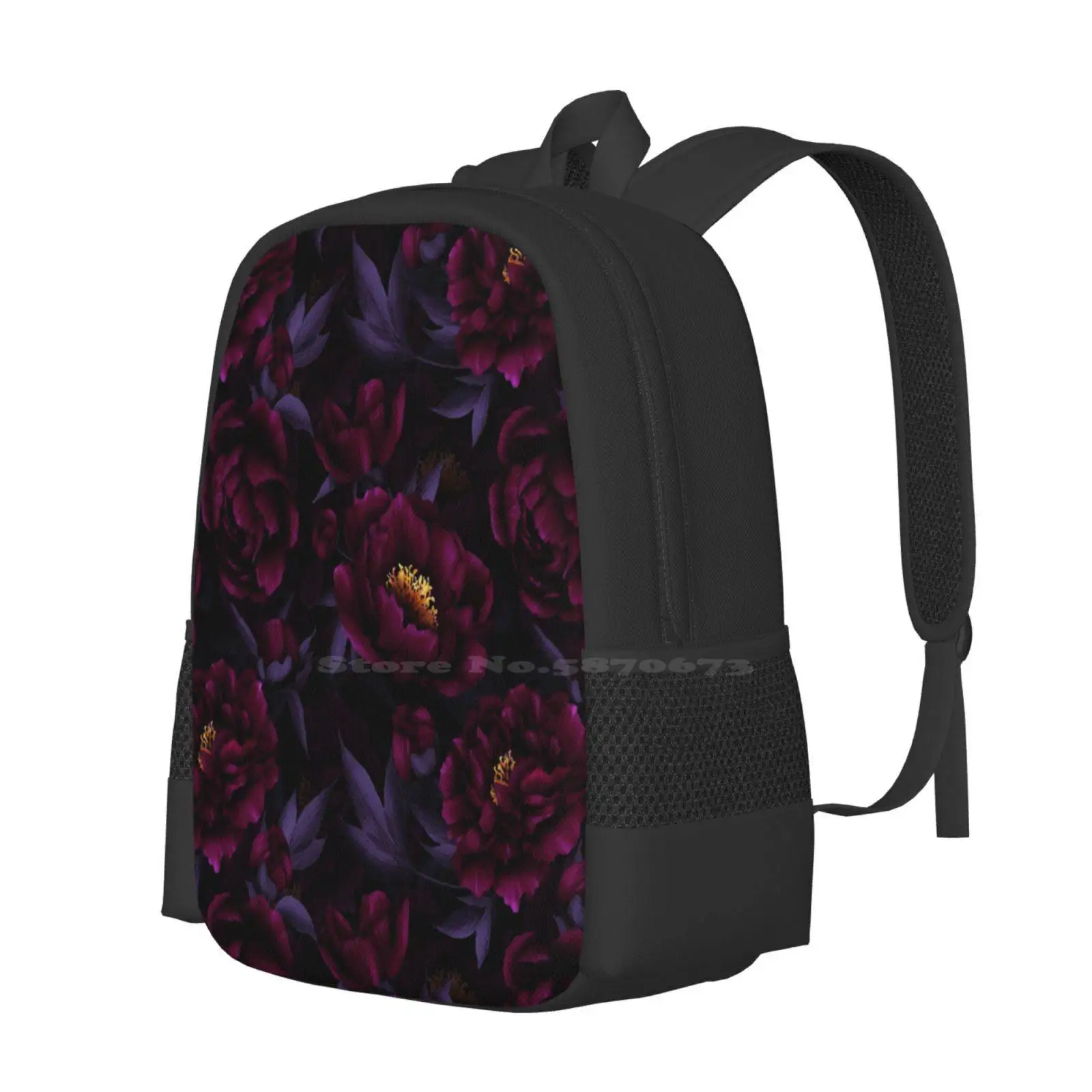 Purple Hand Drawn Watercolor Peonies Pattern Botanical Night Garden Hot Sale Schoolbag Backpack Fashion Bags Pattern Flower