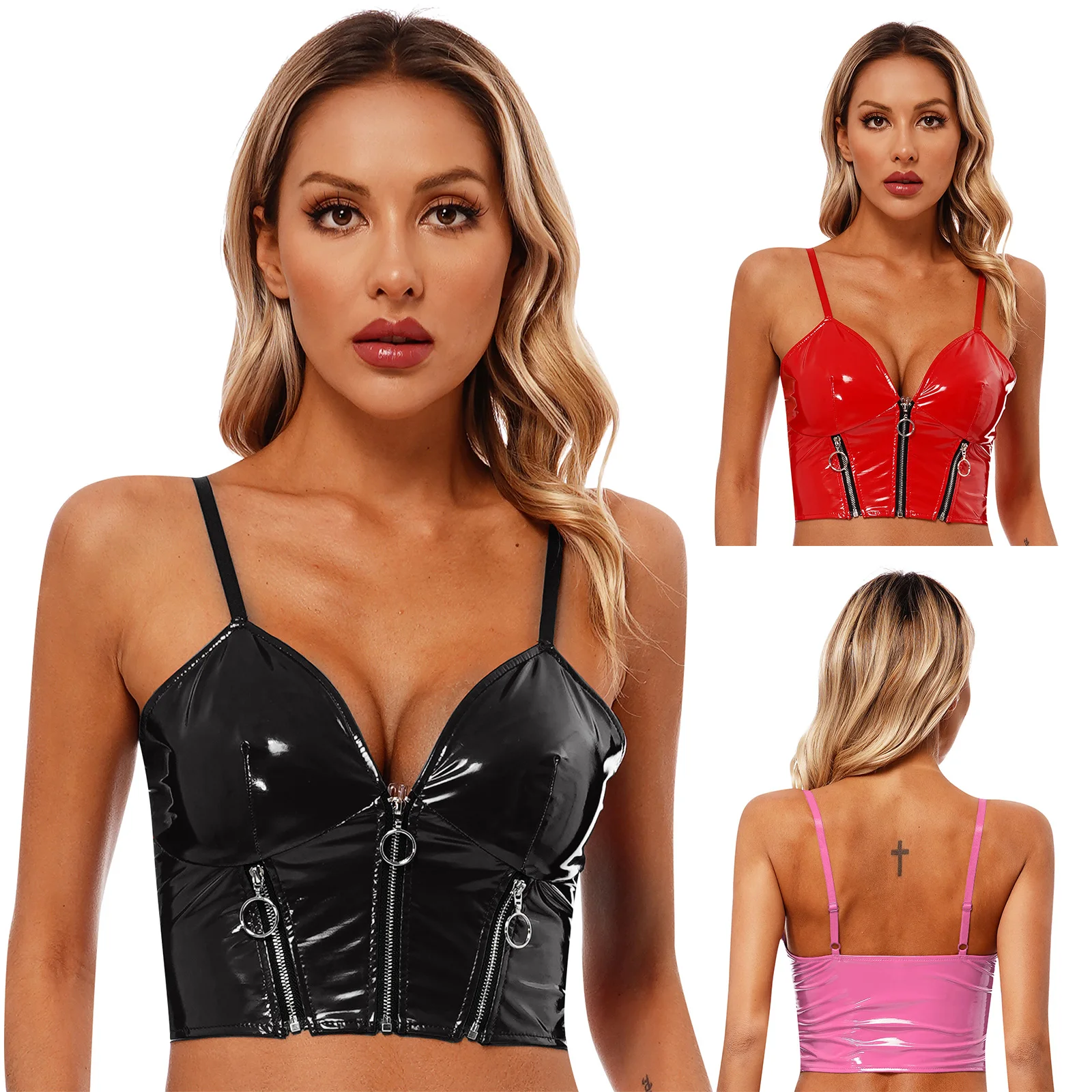 Top corto de charol brillante para mujer, chaleco Sexy con escote en V profundo y espalda descubierta, camisola Sexy para fiesta en club nocturno, Cosplay de Navidad