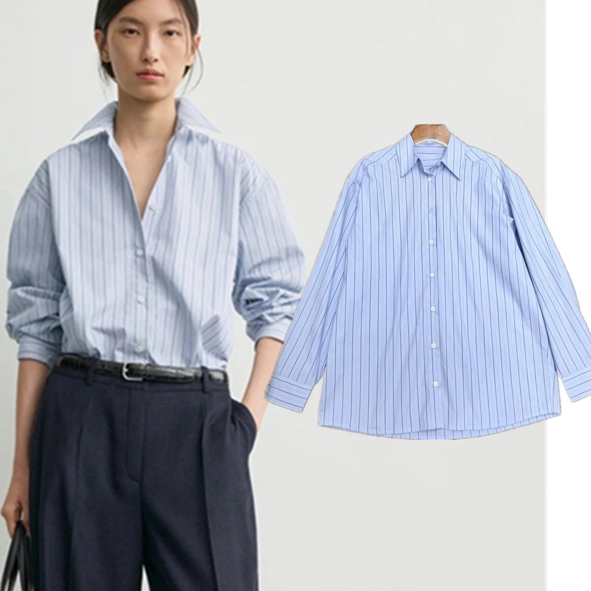 

Французская минималистичная свободная рубашка Maxdutti из чистого хлопка в полоску для женщин, блузка с воротником для повседневной носки, топ с длинными рукавами, весна/лето