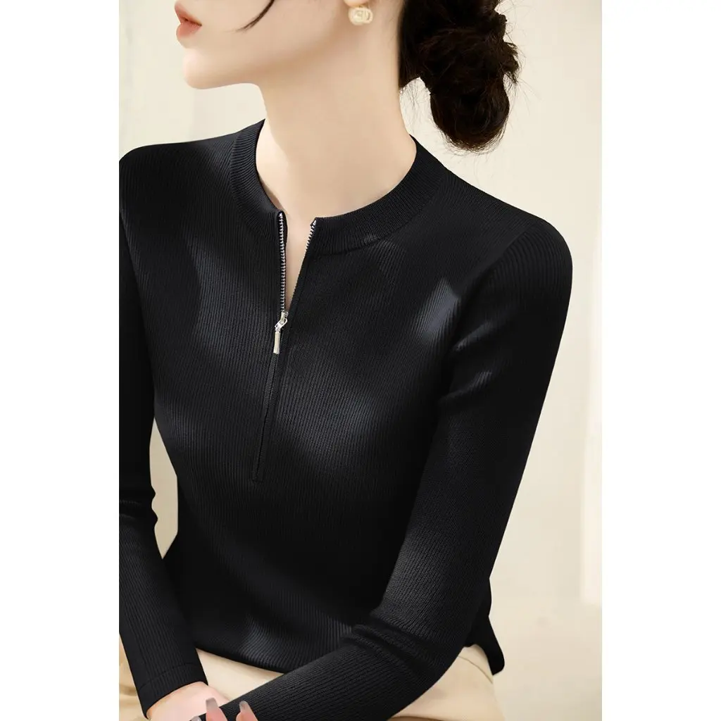 

Women's Zipper Design Knitted Base Shirt Top High-end Crewneck Long Sleeve Sweater for Autumn Winter