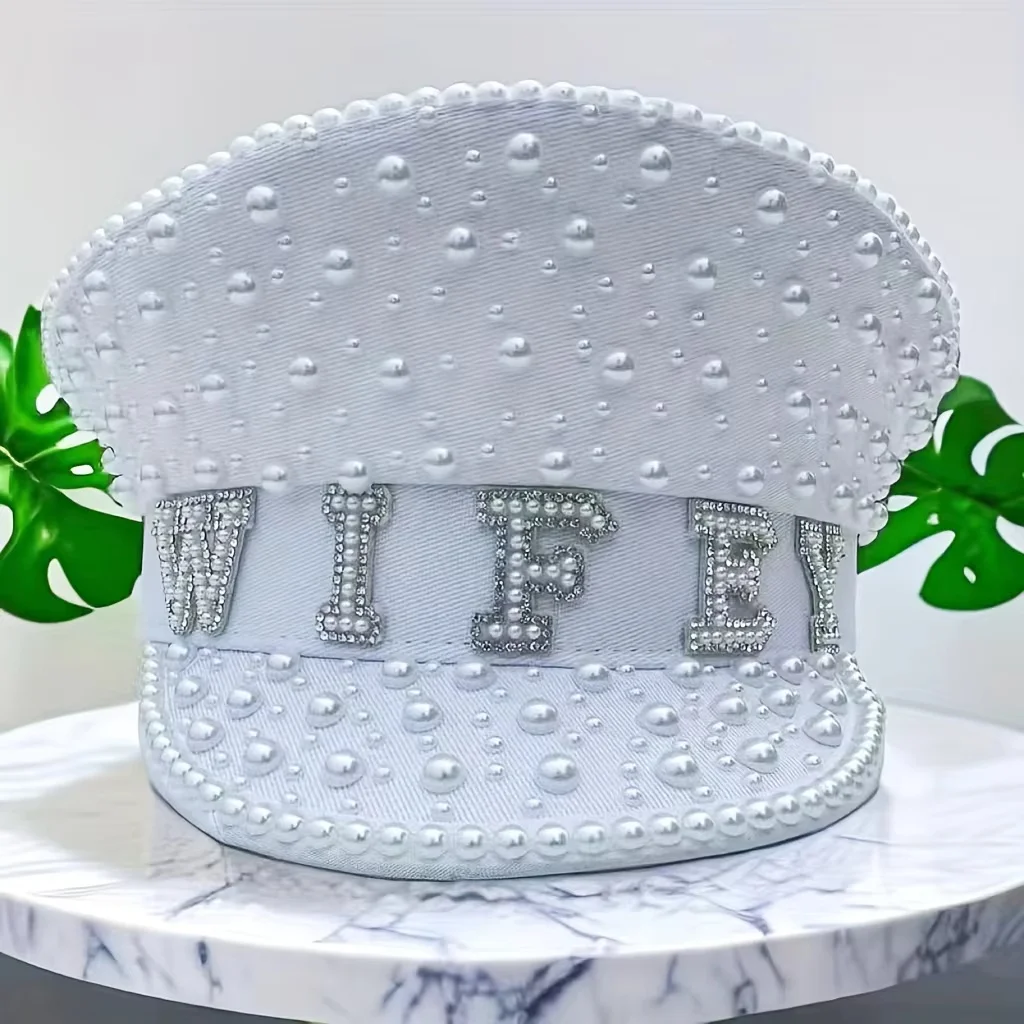 

HongLuan White WIFEY Captain Hat Rhinestone for Wedding Women, Vintage Military Accessories & Military Cap for Man