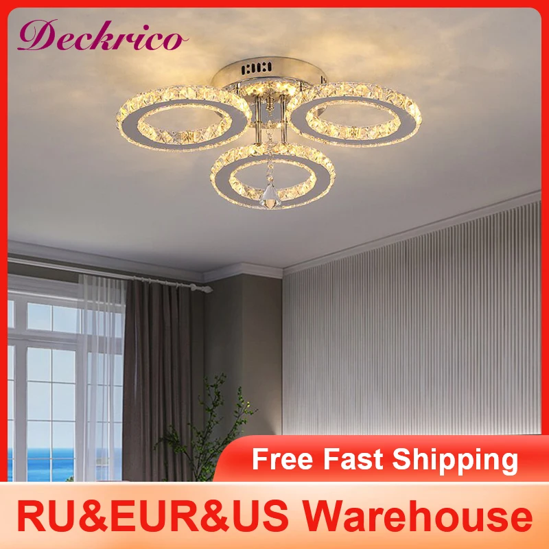 

Modern Crystal Ceiling Chandelier Led Lights For Rings Stainless Steel Hanging Fixture Decorative Living Room Luminaire Plafon