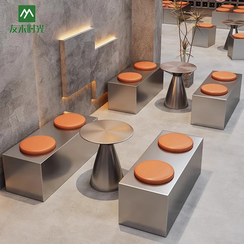 Restaurant Booth SetIndustrial-Style Stainless Steel Cafe Tables Chairs, Popular In Trendy Milk Tea And Dining Establishments, B