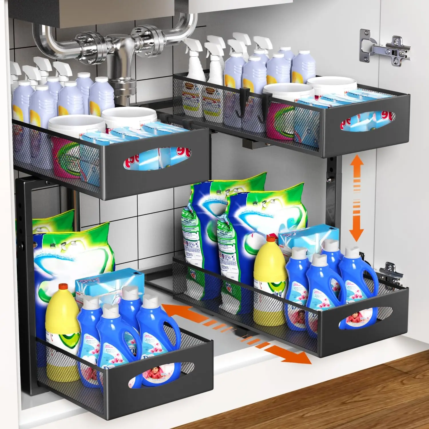 

2-Pack Under Sink Organizer with Sliding Mesh Drawers, Adjustable Height for Kitchen and Bathroom Cabinets, Black