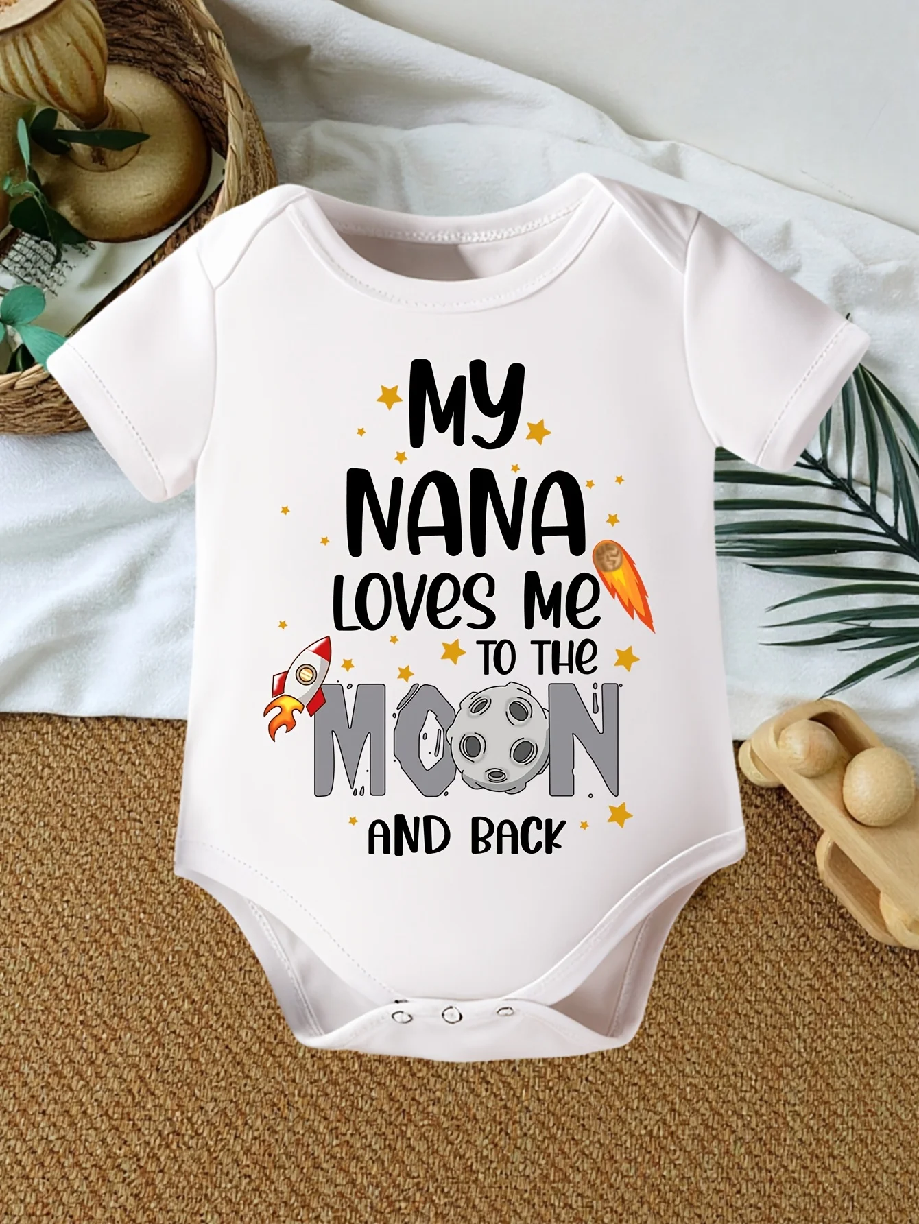 Infant NANA Loves Me MOON AND BACK Rocket Pattern Fashion Letter Print Creative Versatile Round Neck Triangle Romper for Outdoor