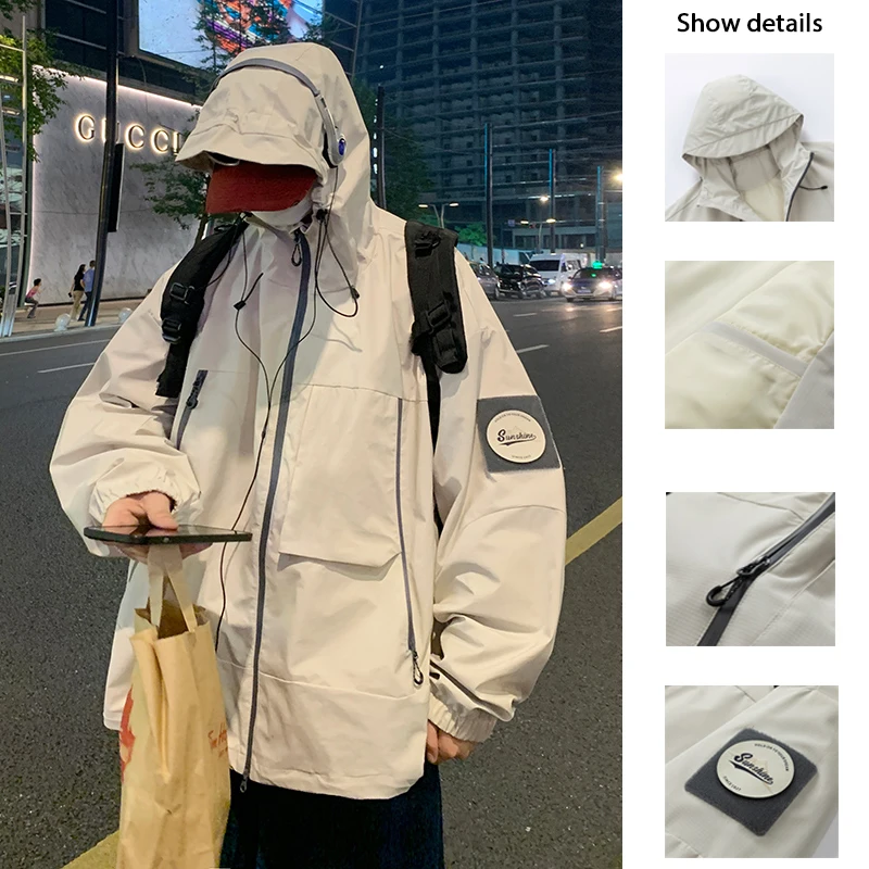 Hiking Jacket Men Hooded Windproof Waterproof Reversible Zipper Slider Fashion Outdoor Camping Jacket Sports Solid Loose Coats