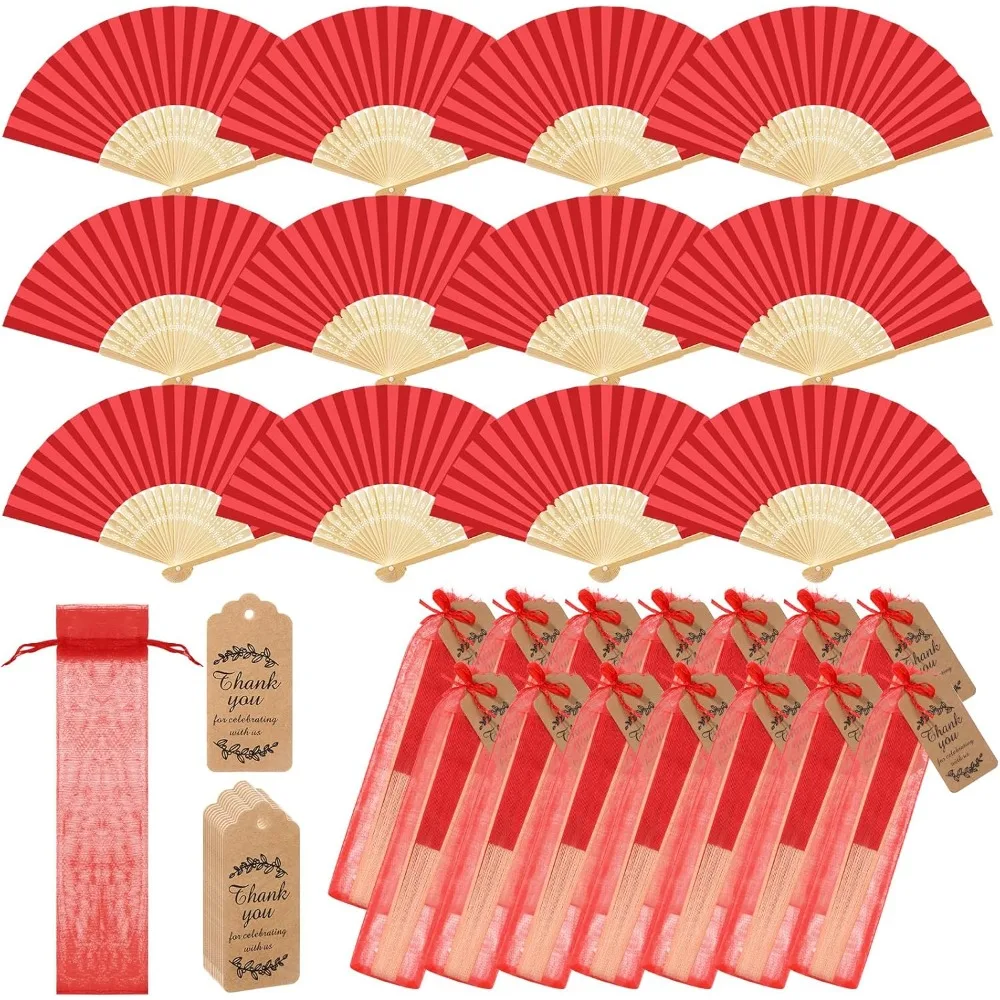36 éventails pliables en papier (12 ensembles) avec sac et carte, en bambou rouge, pour la maison, le bureau, les cadeaux DIY, les mariages, les baby showers, les cadeaux pour invités de mariage
