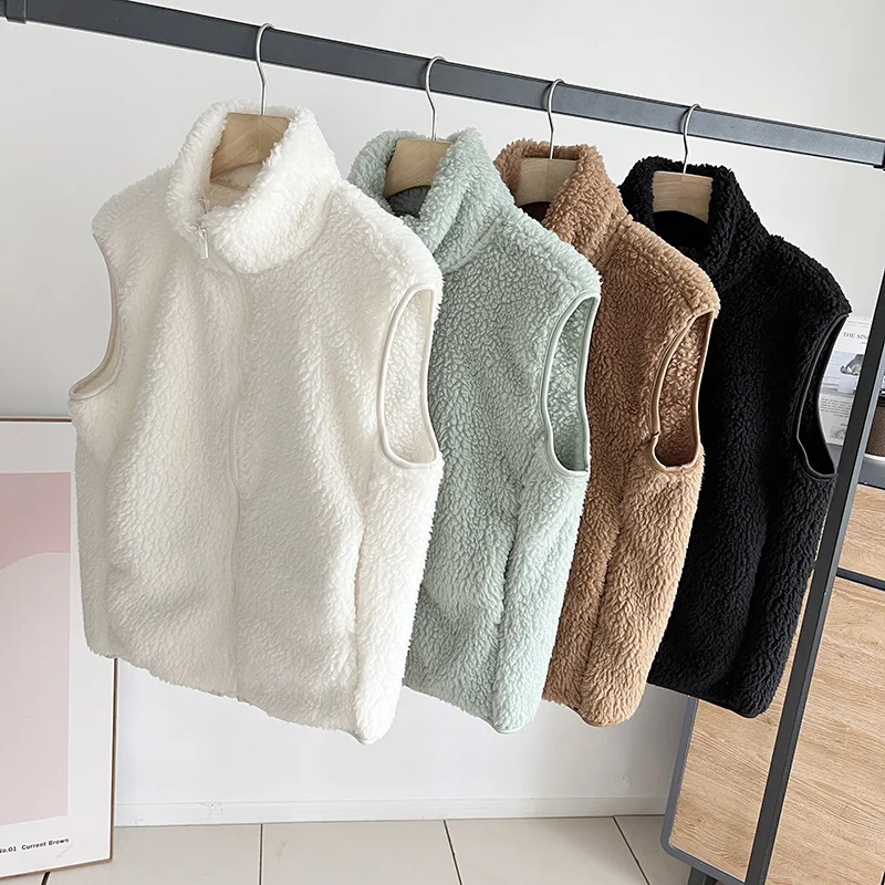 

Loose Zipper Stand Collar Faux Fur Vest Short Solid White Furry Jacket Fluffy Sleeveless Casual Faux Lamb Plush Coats Warm Thick
