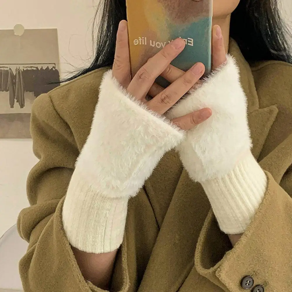 Half-finger Plush Winter Gloves Touch Screen Cold-proof  Warm Fingerless Knitted Wrist Guard Student Office Writing Work Outdoor