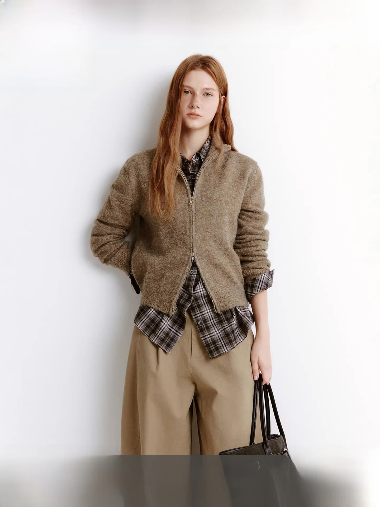 

Fano Romantic Mixed Color Retro Warm Double Zipper Knitted Open Cardigan Women's Top Winter Faion Nylon Blend Long Sve