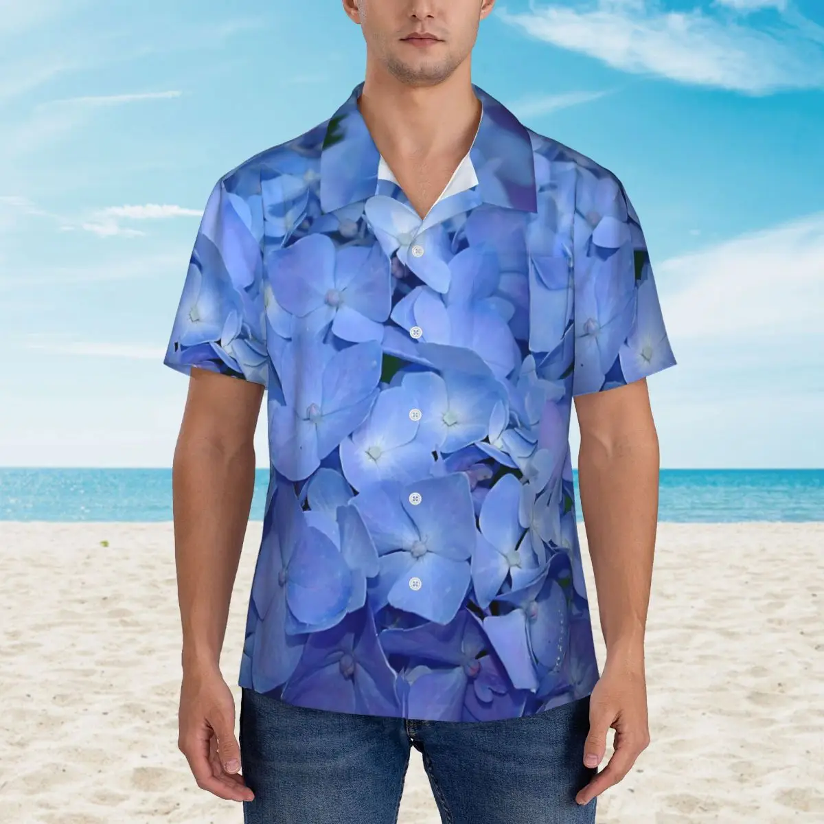 

Vintage Blue Flower Beach Shirt Men Hydrangea Print Casual Shirts Hawaii Short Sleeves Design Elegant Oversize Blouses Gift