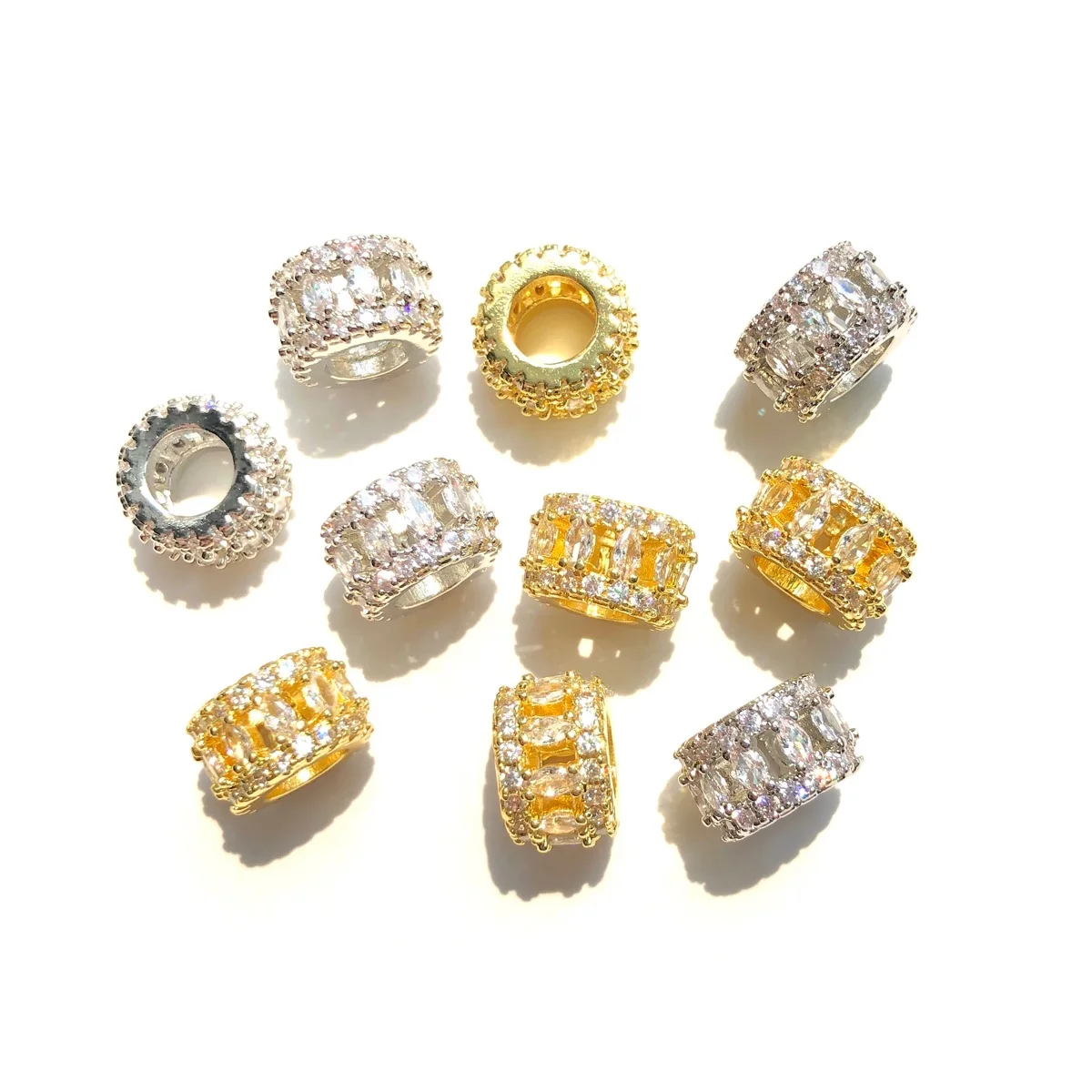 10pcs Zirconia Pave Hollow Wheel Spacer Gold-Plated Color Bling Beads for Bracelet Necklaces Earring Jewelry DIY Accessories